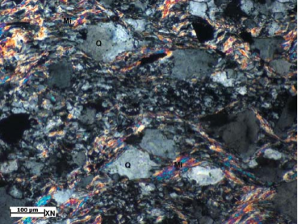 Đá biến chất trong giếng khoan thuộc Lô 101-100/04 Đá phiến thạch anh mica: Thành phần thạch anh (Q) cỡ hạt 0,05 - 0,2mm, bị nén ép mạnh; mica (M) chủ yếu là biotite bị nén ép mạnh tạo thành dải mỏng uốn lượn theo hạt thạch anh